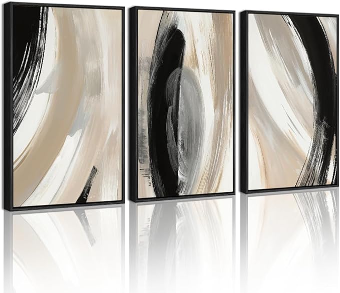 KUVIOKE Modern Abstract Framed Wall Art Black Neutral Minimalist Ink and Wash Graffiti Pastel Wall Decor for Bedroom Living Room 12x16in (Black Framed)