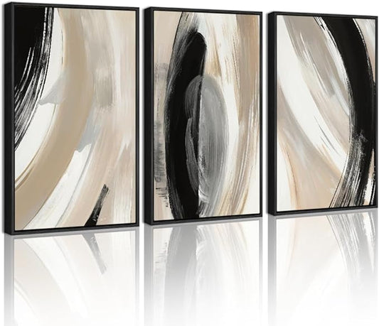 KUVIOKE Modern Abstract Framed Wall Art Black Neutral Minimalist Ink and Wash Graffiti Pastel Wall Decor for Bedroom Living Room 12x16in (Black Framed)