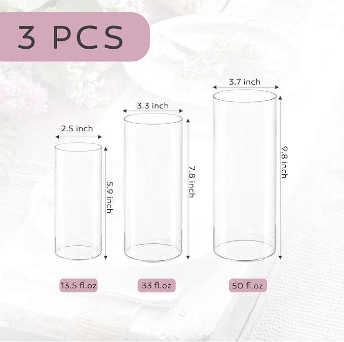 3 PCS Modern Glass Cylinder Vases Set (6/8/10 Inch) – Elegant Bud Vases, Floating Candle Holders & Wedding Centerpiece Displays for Home Decor, Holidays, Housewarming Gifts