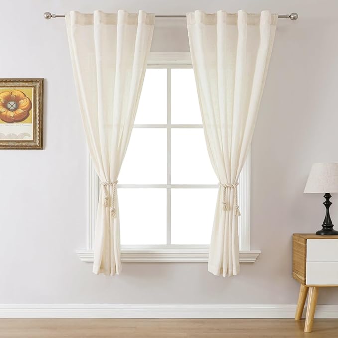MIUCO Linen Curtains 72 Inches Long for Bedroom Living Room, Light Filtering Curtains, Modern Neutral Decor Farmhouse Drapes, Rod Pocket & Back Tab Curtains, 2 Panels 2 Tiebacks 36 Inches Wide Natural