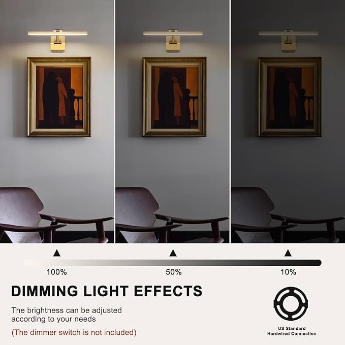 Modern Dimmable Picture Lights for Wall 15.75 Inch Hard-Wired LED Picture Frame Lights for Paintings Gallery Light with Adjustable Swing Arm Display Lights for Artwork, 7W, 2700K, Warm White - Brass