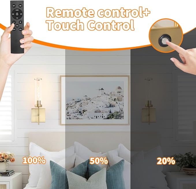 Gold Battery Operated Wall Sconce Set of 2, USB Rechargeable Wall Light with Remote Control, Brass Wireless Vanity Light Fixture with Bulbs(DC 5V), Glass Dimmable Sconce for Living Room Mirror Bedroom