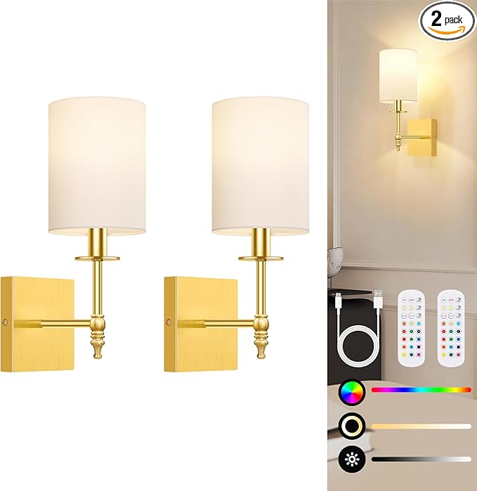 14.5 Inch Wall Sconces Battery Operated Set of 2, Rechargeable Wireless Wall Sconces Lights with Remote, Not Hardwired Dimmable Gold Wall Lamps with White Fabric Shade for Bedroom, 2 Bulbs Included