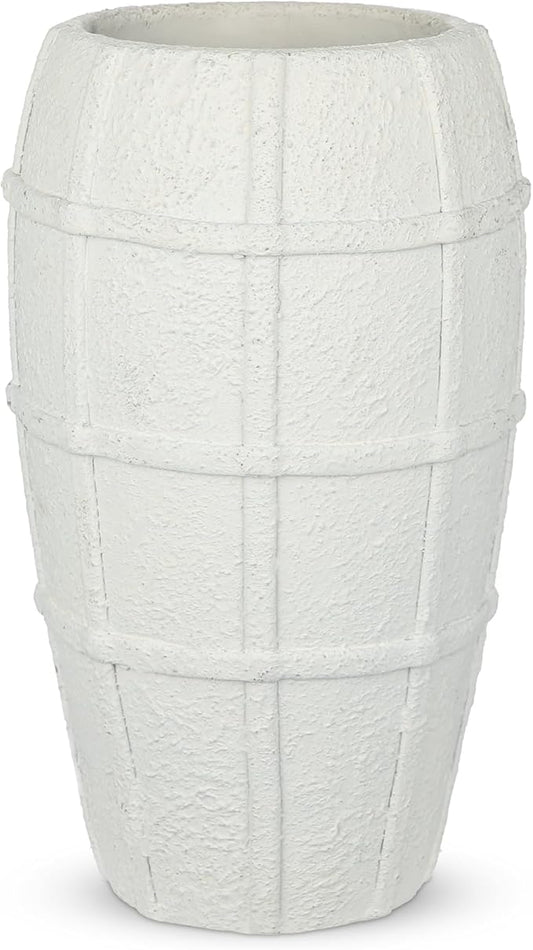 Briful Rustic Terracotta Flower Vase for Home Decor 12" White Farmhouse Textured Barrel-Style Ceramic Vase Vintage Handcrafted Gridded Design for Faux & Dried Flowers Living Room Table Centerpiece