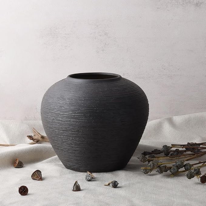 Rustic Black Ceramic Vase with Textured Finish, Large Round Terracotta Vases for Farmhouse Home Decoration, Wide Mouth Vintage Pottery Vases for Living Room, Kitchen, Table Centerpieces