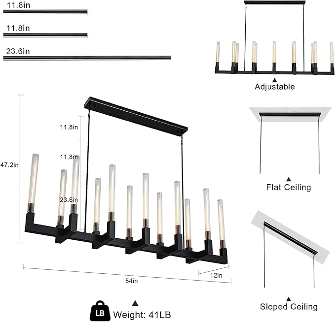 Black 12-Lights Modern Chandelier with Glass Tube, 54in Chandeliers Rectangular Luxurious Large Chandelier Fixture Ceiling Pendant Lighting for Dining Living Room, Foyer