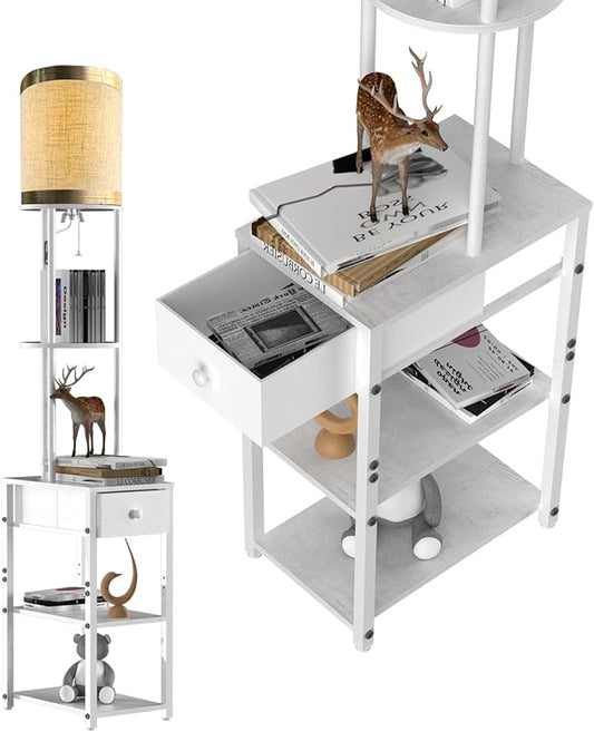 Lightdot 65IN Floor Lamps with Storage Table&Drawer, Corner Shelf Lamps with White End Table and Fabric Lampshade, Modern Standing Tall Lamp for Living Room/Bedroom/Office(E26 LED Bulb Included)