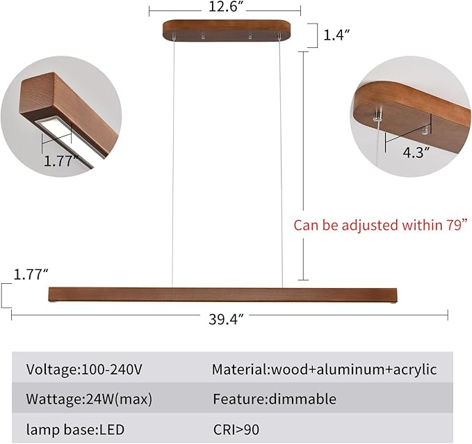 39 Inch Wood Linear Pendant Light Dimmable LED Kitchen Island Lighting with Remote Adjustable Hanging Chandelier for Dining Room Bar Pool Table 24W Modern Farmhouse Fixture Walnut Color