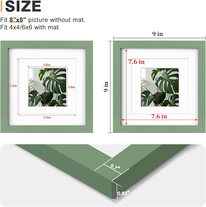 Egofine 8x8 Picture Frames 4PCS, Made of Solid Wood Covered by Plexiglass Display 4x4/6x6 with Mat or 8x8 without Mat, for Table Top Display and Wall Mounting Photo Frame, Green