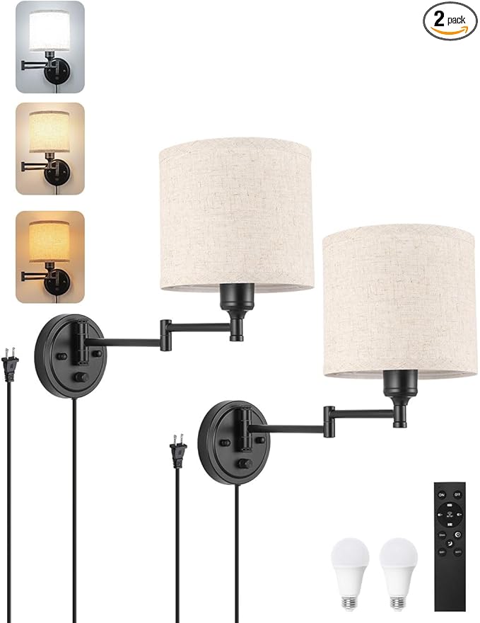Plug in Wall Sconces with Remote Control, Dimming 10%-100% & Adjustable Colors 2700K-6500K, Hardwire or Plug-in, Swing Arm Wall Lamp with Linen Fabric Shade, Wall Sconces Set of Two, Black Finish