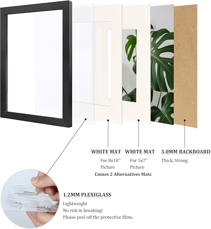 Egofine 11x14 Picture Frames 4PCS Covered by Plexiglass, Made of Solid Wood, Display Pictures 8x10/5x7 with Mat or 11x14 Without Mat for Table Top and Wall Mounting, Black with Texture