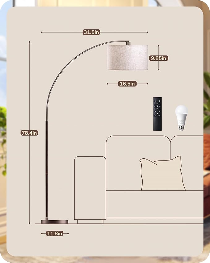 EDISHINE Dimmable Mid Century Modern Floor Lamp with Remote, Tall Arc Standing Lamps with Adjustable Drum Shade, Standing Corner Light for Living Room, Bedroom, Dining Room, Bronze