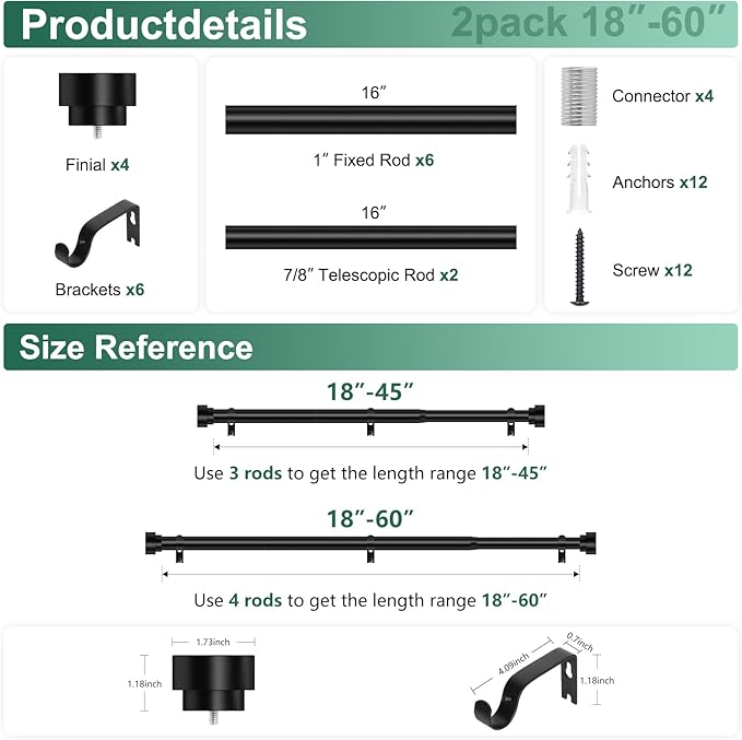 HEI! DEAR 2 Pack Black Curtain Rods 18 to 60 Inch(1.5-5ft),1 Inch Heavy Duty Curtain Rods,Adjustable Curtain Rod Set,Modern Decorative Drapery Rods,Telescoping Window Curtains Rods 18-60",Matte Black