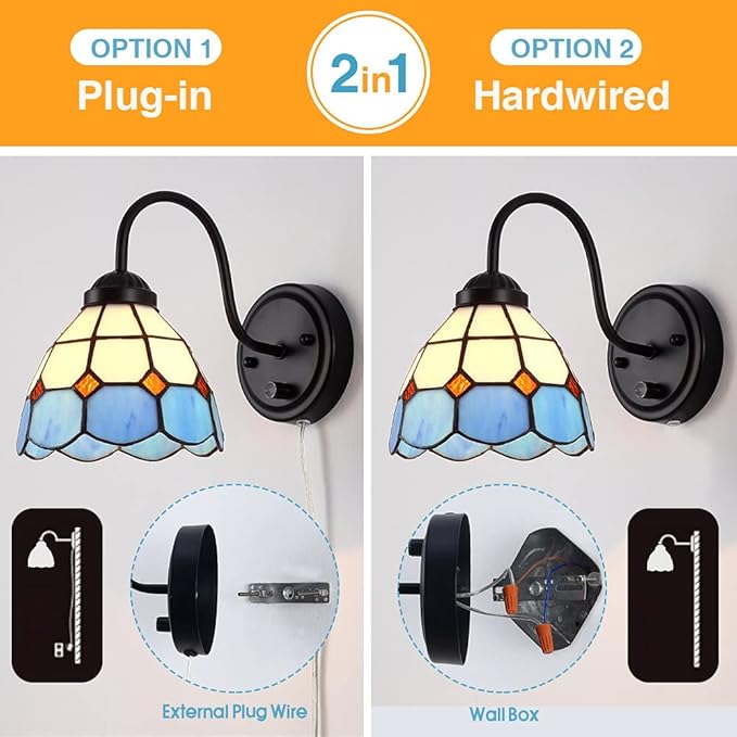 Tiffany Bedside Wall Mount Lamp with Dimmable Switch, Industrial Vintage Gooseneck Wall Sconce with Plug in Cord, Sea Blue Stained Glass Shade Wall Light Perfect for Bedroom, Living Room and Hotel