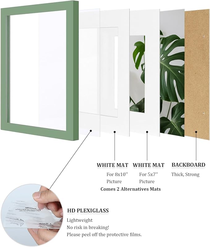 Egofine 11x14 Picture Frames 4PCS Made of Solid Wood Covered by Plexiglass for Table Top and Wall Mounting for Pictures 5x7/8x10 with Mat or 11x14 without Mat Horizontally or Vertically Display, Green