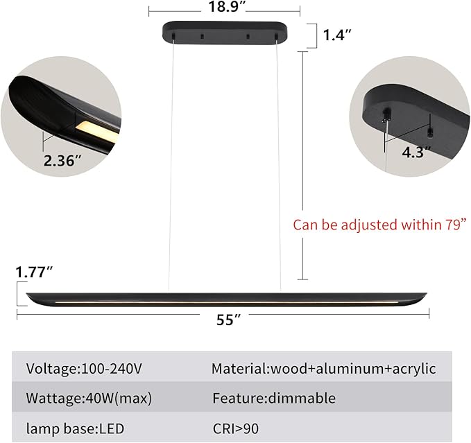 55" Modern LED Linear Pendant Light,Dimmable Kitchen Island Light 40W LED lsland Lights for Kitchen,Adjustable Linear Chandelier for Dinning Room Light Fixture, Bar, Pool Table Light Black Wood Finish