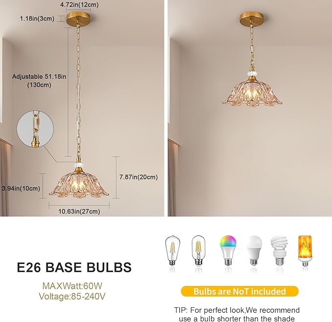 1 Piece Vintage Chandelier Light Fixture with Amber Glass Shade,Matte Antique Brass Finish Pendant Light,Hanging Light for Dining Room,Hallway,Living Room,Bedroom