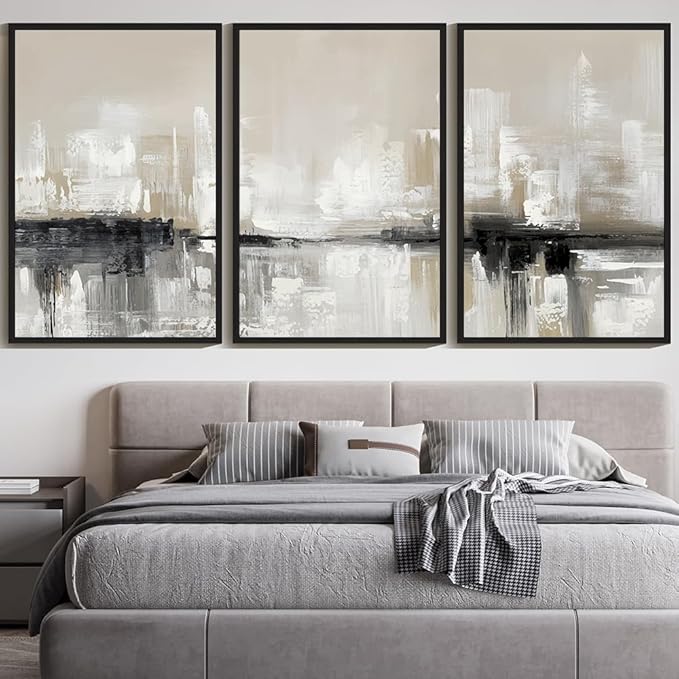 KUVIOKE Abstract Gray Framed Wall Art Neutral Brown Artwork Painting Morden Minimalist Wall Decor Rustic Home Decor 24x36in (Black Framed)