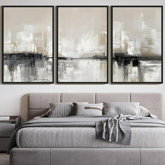 KUVIOKE Abstract Gray Framed Wall Art Neutral Brown Artwork Painting Morden Minimalist Wall Decor Rustic Home Decor 24x36in (Black Framed)