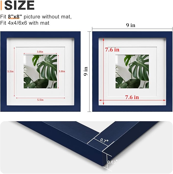 Egofine 8x8 Picture Frame 4PCS, Made of Solid Wood Covered by Plexiglass Display 4x4/6x6 with Mat or 8x8 without Mat, for Table Top Display and Wall Mounting Photo Frame, Navy Blue