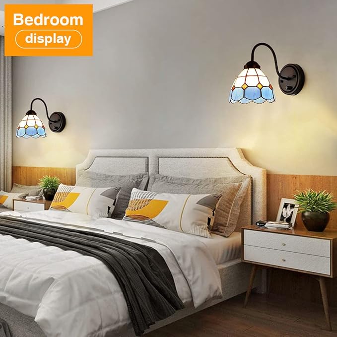 Tiffany Bedside Wall Mount Lamp with Dimmable Switch, Industrial Vintage Gooseneck Wall Sconce with Plug in Cord, Sea Blue Stained Glass Shade Wall Light Perfect for Bedroom, Living Room and Hotel