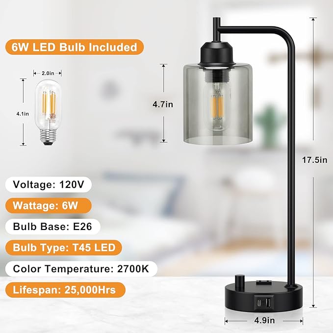 Industrial Bedside Desk Lamps for Bedroom - Grey Smoked Glass Shade Table Lamp with USB C Port, Fully Dimmable Small Lamps with USB Port and Outlet, Reading Nightstand Lamps for Office Living Room