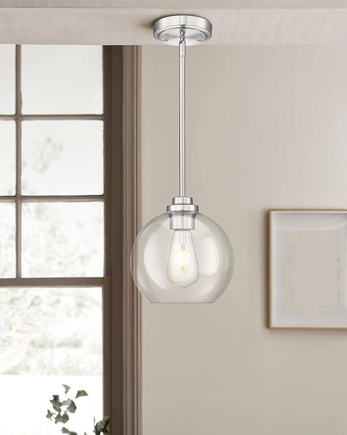 Globe Pendant Light Fixture, 8'' Modern Brushed Nickel Hanging Light with Clear Glass for Kitchen Island Dining Room Bedroom Hallway Foyer (1 Pack), PL101BN-L