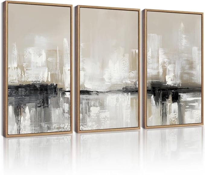 KUVIOKE Abstract Gray Framed Wall Art Neutral Brown Artwork Painting Morden Minimalist Wall Decor Rustic Home Decor 16x24in (Natural Framed)