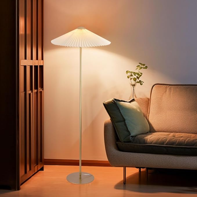 KUNJOULAM Pleated Floor Lamp, Pole Floor Lamps, Simple Design Tall Lamp with Fabric Lampshade, Standing Lamp for Living Room, Bedroom, Office, Home (Champagne Gold)