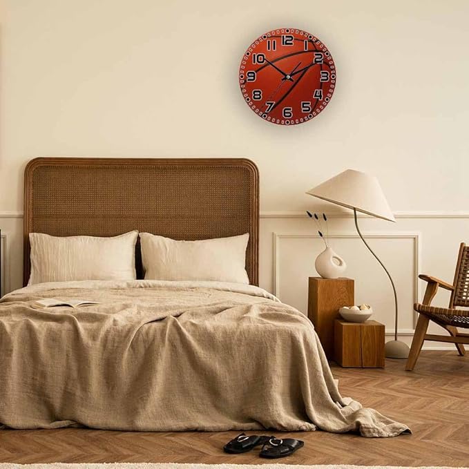 Basketball Wall Clock Brown Basketball Battery Powered Wall Clock Silent Non Ticking 10 Inch for Living Room, Kitchen, Home,Bathroom, Bedroom