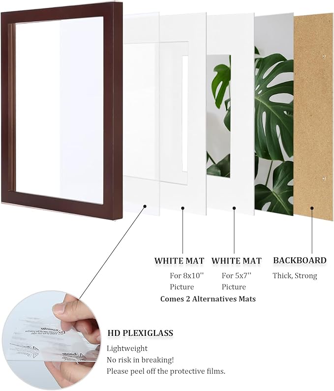 Egofine 11x14 Picture Frames Made of Solid Wood with Plexiglass, Display Pictures 5x7/8x10 with Mat or 11x14 Without Mat Set of 4 for Tabletop and Wall Mounting, Walnut Color