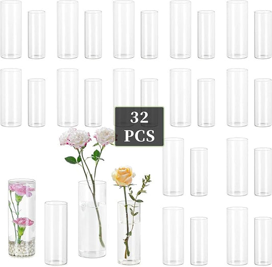 Glasseam Glass Cylinder Vase in Bulk: 32pcs Clear Small Bud Flower Vases for Centerpieces - Modern Hurricane Pillar or Floating Candle Holder for Wedding Party Table Living Room Home Decor, Tall 6"+7"