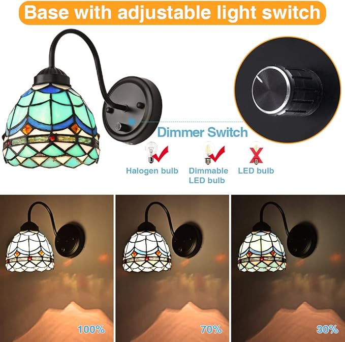 Tiffany Bedside Wall Mount Lamp with Dimmable Switch, Industrial Vintage Gooseneck Wall Sconce with Plug in Cord, Wavy Blue Stained Glass Shade Wall Light Perfect for Bedroom, Living Room