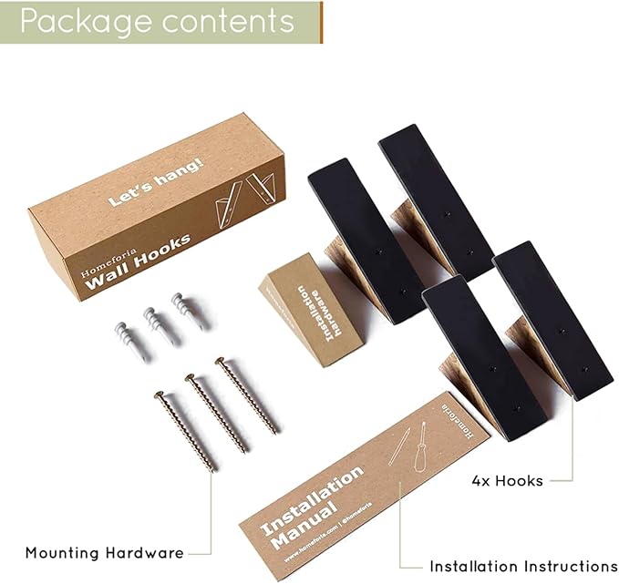 Homeforia Walnut Wood Coat Hooks, High End Walnut Wood & Black Metal Wall Mounted Coat Hooks, Mid-Century Modern Clothes Hooks, Heavy Duty Wooden Hooks for Hanging Coats, Hats, Towels & More, Set of 4