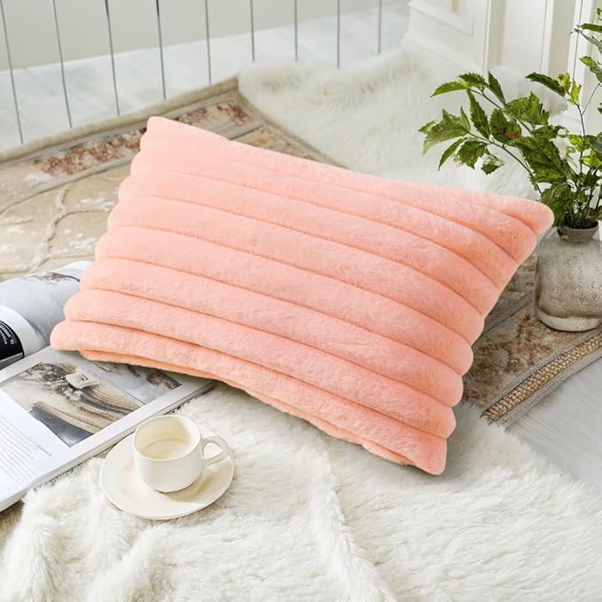 decorUhome Faux Fur Throw Pillow Covers 12x20 Set of 2, Decorative Soft Plush Striped Lumbar Neutral Couch Euro Pillow Covers with Velvet Back for Sofa, Bed, Living Room Home Decor, Blush Pink