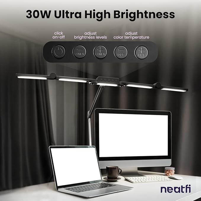 (New Model) Neatfi 3,000 Lumens LED Desk Lamp, Dimmable Light with 360 SMD LEDs, 30W, CRI 95, Adjustable Color Temperature, Task Lamp for Home, Office, and Workbench (CCT with Clamp, Black, 44 Inches)