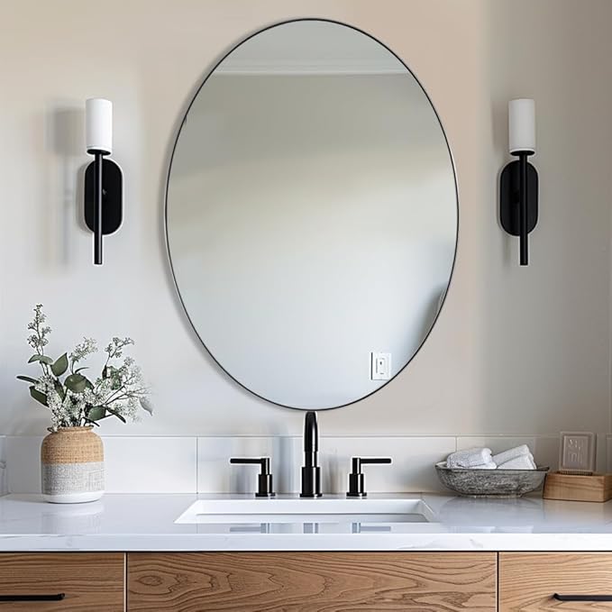 ANDY STAR Chrome Bathroom Mirror, Oval Bathroom Mirror 22 x 30 Inch, Polished Chrome Oval Wall Mirror for Bathroom, Oblong Pill Shaped Mirror Stainless Steel Frame Wall Mount Horizontal or Vertical