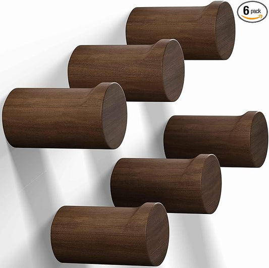 READAEER Walnut Wood Wall Hook 6 Pack, Natural Wooden Coat Hooks Wall Mounted, Hat Hooks Heavy Duty Entryway Wall Hangers for Hanging Towels, Clothes and Bags