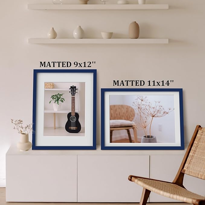 Egofine 12x16 Picture Frames 4PCS Covered by Plexiglass, Made of Solid Wood, Display Pictures 9x12/11x14 with Mat or 12x16 Without Mat for Wall Mounting, Navy Blue