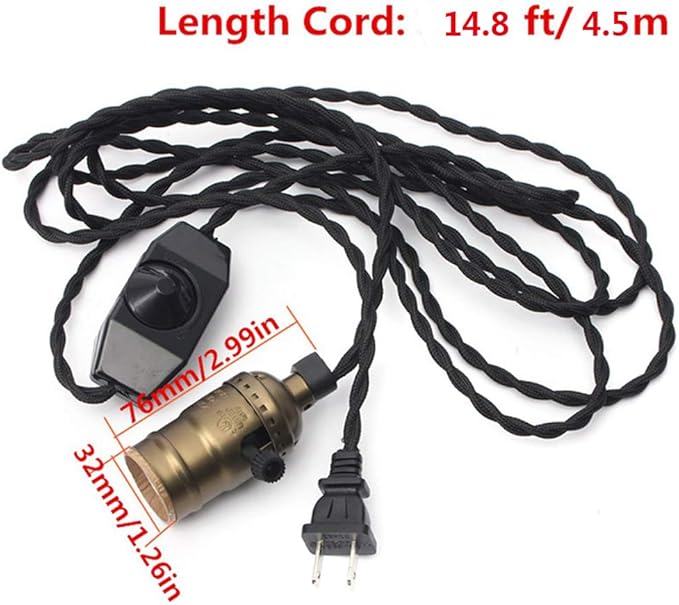 Single Vintage Bulb Cord Edison Socket lamp Plug Pendant Light with Dimmer,ZHMA Industrial DIY Lamp Holder E26/27 Base,4.5M(14.8FT) Twisted Black Cloth Cord Hanging Light Fixture(with Swith and Plug)