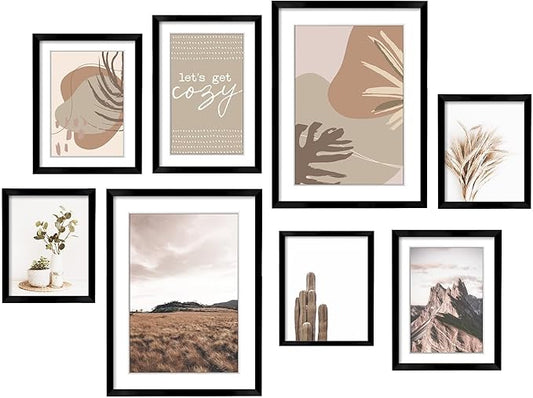 ArtbyHannah Gallery Wall Frame Set,Black Picture Frames Collage Wall Decor with Neutural Art for Living Room Stariway,8 Pack Assorted Size-11"x14",8"x10",6"x8"