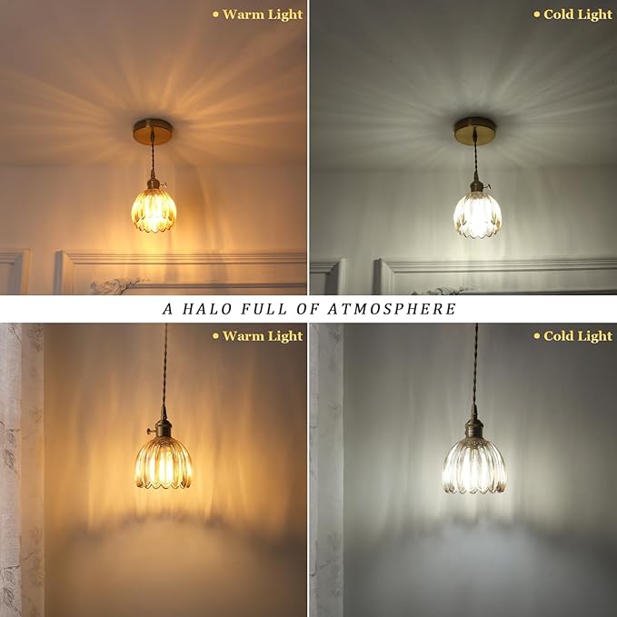 Mini Pendant Light 2 Pack with Amber Tulip Glass Lmapshade, Brass Vintage Pendant Light Adjustable Hanging Light for Kitchen Island Dining Room Hallway