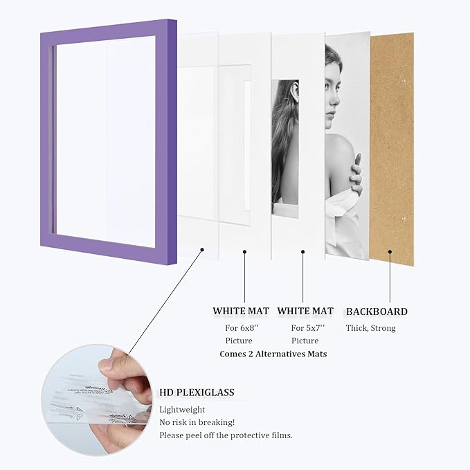 Egofine 9x12 Picture Frames 4PCS Covered by Plexiglass, Wood Frames for Pictures 5x7/6x8 with Mat or 9x12 without Mat, Tabletop and Wall Mounting Display, Purple