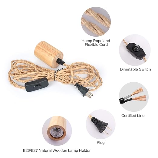 Arturesthome Industrial Pendant Light Cord with Dimmable Switch, 9.8FT Vintage Hanging Light Plug in Lamp Cord with Twisted Nylon Rope Lights Socket E26 E27 for Farmhouse Lamp Cable Retro DIY