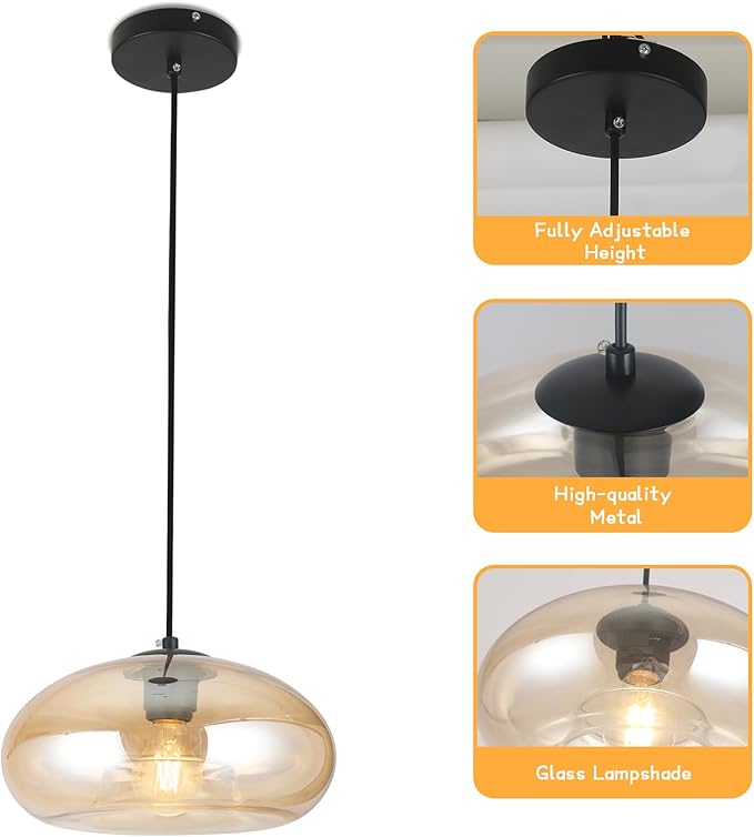 Glass Pendant Lights Kitchen Island Lighting Globe Pendant Light Fixtures IIndustrial Vintage Pendant Lighting for Kitchen Island Bedroom Living Dining Room Light Fixture(Amber)