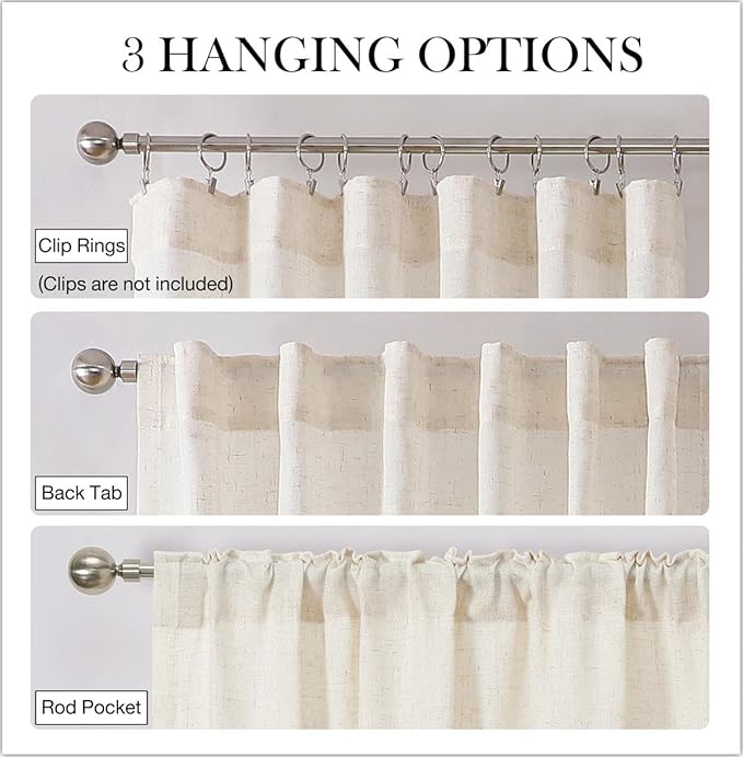 MIUCO Linen Curtains, 72 Inches Long for Bedroom & Living Room, Light Filtering Boho Drapes, Rod Pocket & Back Tab, 2 Tiebacks, 2 Panels Natural