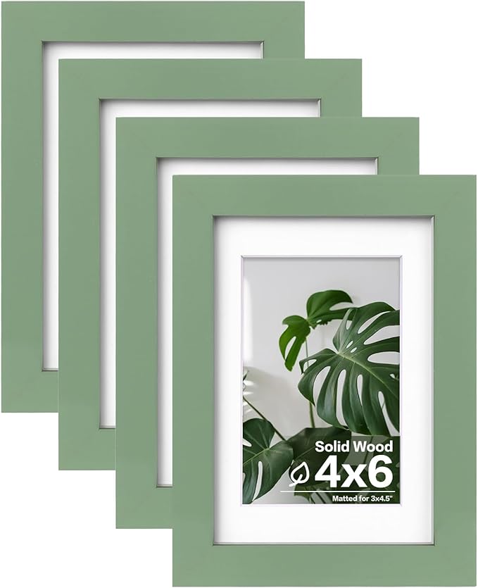 Egofine 4x6 Picture Frames 4PCS Covered by Plexiglass for Picture 3.5x5 with Mat or 4x6 whitout Mat Made of Solid Wood for Table Top Display and Wall Mounting Photo Frame, Green