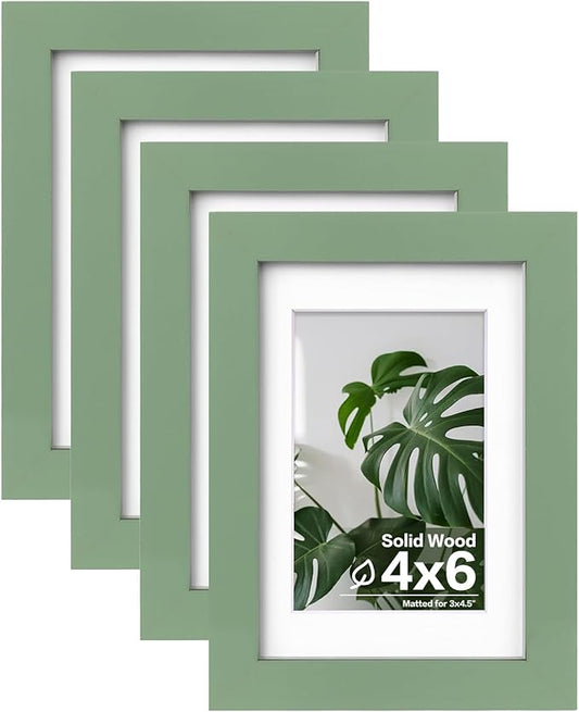 Egofine 4x6 Picture Frames 4PCS Covered by Plexiglass for Picture 3.5x5 with Mat or 4x6 whitout Mat Made of Solid Wood for Table Top Display and Wall Mounting Photo Frame, Green