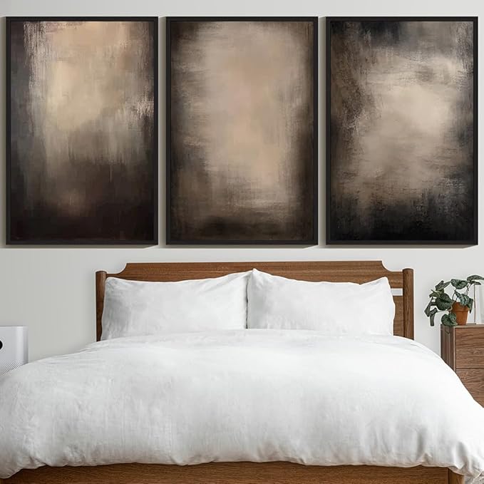 KUVIOKE Abstract Framed Wall Art Set Earthy in Deep Brown and Beige Tones Modern Art Decorative Home Decor 24x36in (Black Framed)
