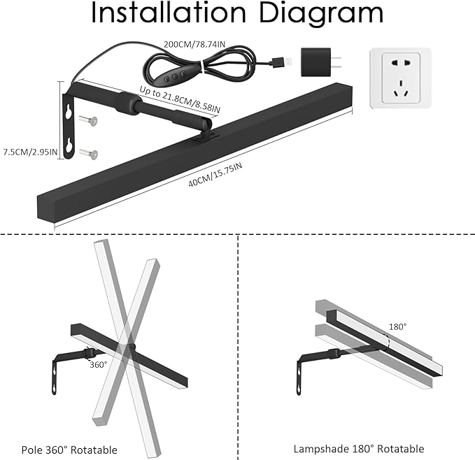 Black LED Picture Lights for Paintings Plug in,15.75 Inch Adjustable Art Light Plug in for Display Art Work, 3 Color Lighting, Plug in Picture Light with Remote for Frame Dartboard,Black